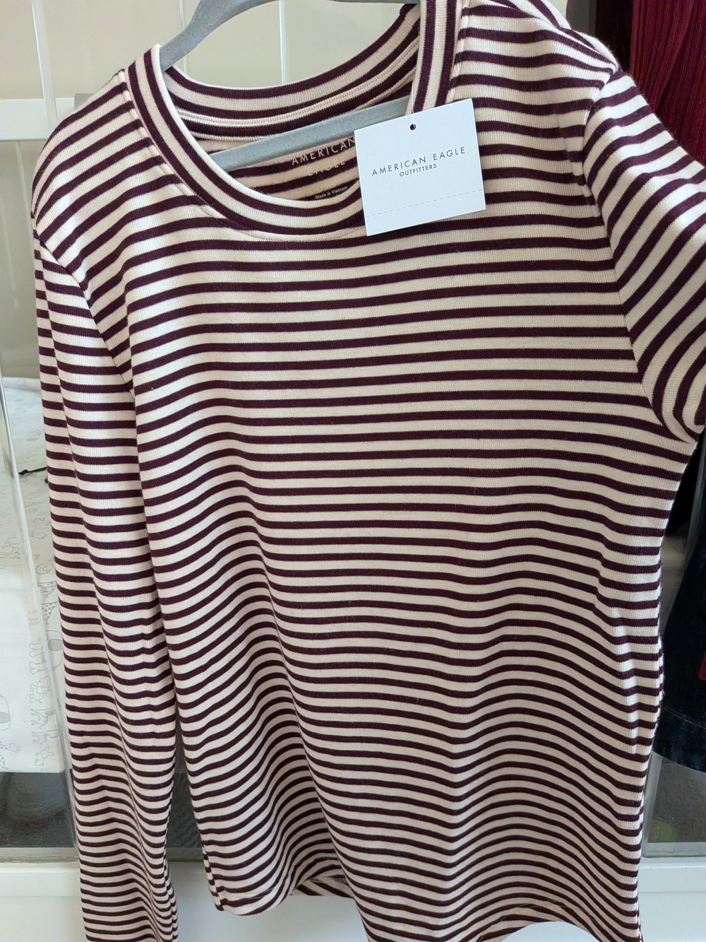 American Eagle Outfitters Striped Crewneck Tee - Cream & Burgundy